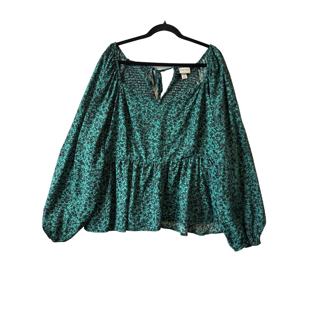 Ava & Viv Green Floral Peplum Smocked Back Tie‎ Balloon Sleeve Top 3X Whimsigoth